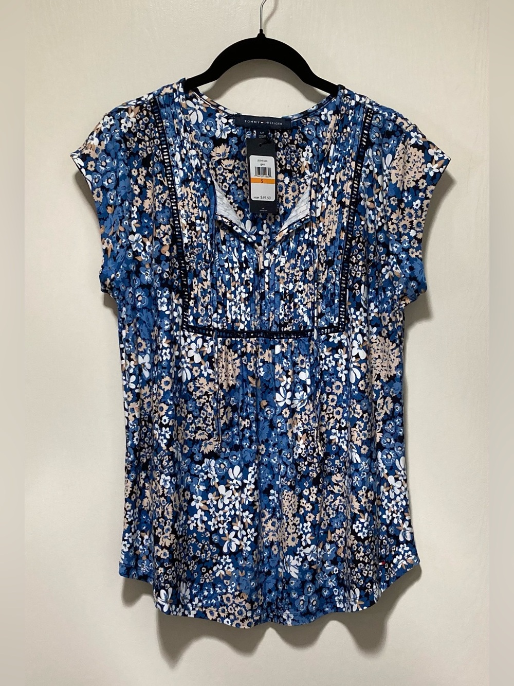 Tommy Hilfiger Blue & Cream Floral Cap-Sleeve Peasant Blouse